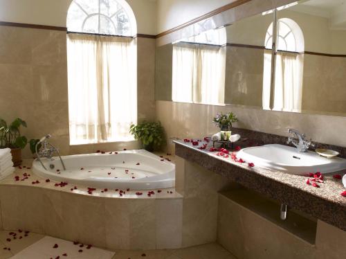 a bathroom with two sinks and a tub with roses on the floor at House of Waine in Nairobi