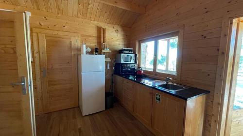 a kitchen with a refrigerator and a sink in a cabin at Wooden House - Monte da Cortiça in Águas de Moura