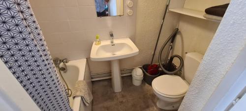 une petite salle de bain avec un lavabo et des toilettes dans l'établissement Studio Centre Ville pratique et cosy, à La Rochelle