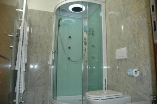 La salle de bains est pourvue d'une douche en verre et de toilettes. dans l'établissement Residenza Fontanelle, à Pérouse
