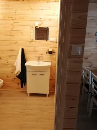 a bathroom with a sink in a wooden room at Domki w brzozach in Brajniki