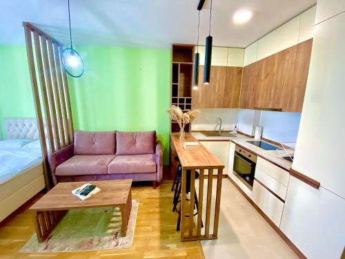 a kitchen with a couch and a table in a room at Urban Garden APARTMENT in Skopje