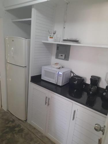 a kitchen with a white refrigerator and a microwave at Cabarete Kite Beach Rooms & Condos in Cabarete