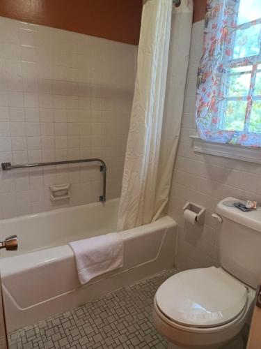 a bathroom with a toilet and a tub and a sink at Washington & Lee Motel in East End