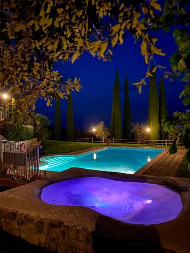 a swimming pool at night with a purple illumination at Agriturismo Belagaggio in Montefollonico