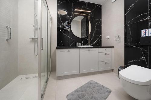 加茨比亞格拉的住宿－Morskie Apartamenty Albatros i Góral，一间带卫生间、水槽和镜子的浴室