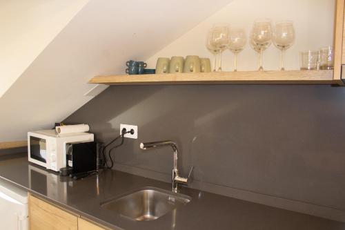 a kitchen with a sink and wine glasses on a shelf at Apartaments Areny - L'Amfitriona in Esterri d'Àneu