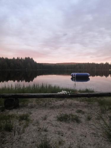 a raft sitting on the shore of a lake at Hakamajat Cottages in Syöte