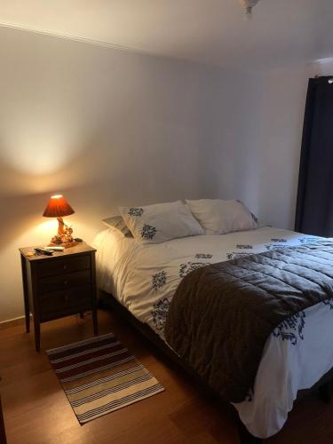 a bedroom with a bed and a table with a lamp at Hotel Boutique Family Suites in Panguipulli
