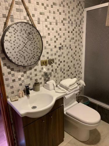 a bathroom with a sink and a toilet and a mirror at Hotel Boutique Family Suites in Panguipulli