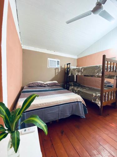 a bedroom with a bed and a ceiling fan at Cayetana in Puerto Iguazú