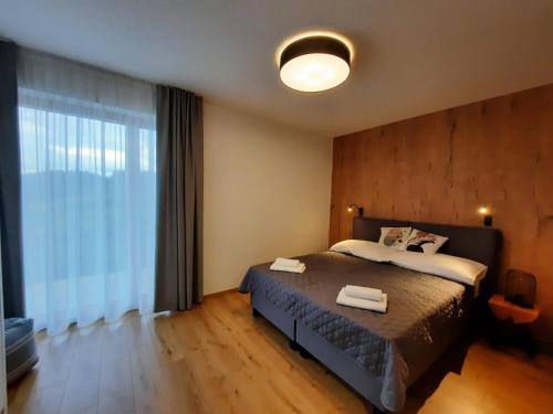 ein Schlafzimmer mit einem Bett und einem großen Fenster in der Unterkunft Apartmány Kubínska, Hillside in Dolný Kubín