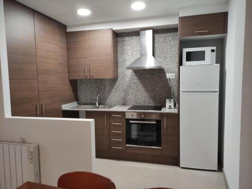 a kitchen with wooden cabinets and a white refrigerator at La LLana Nova in Ribes de Freser
