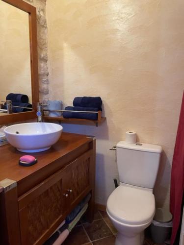 a bathroom with a white toilet and a sink at Charmante chambre dans belle Maison typique du Village in Lagorce