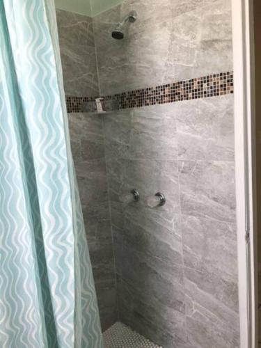 a shower in a bathroom with a shower curtain at Sunshine in Tampa