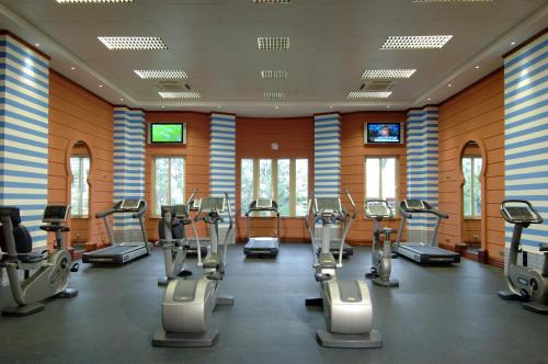a gym with rows of treadmills and machines at Kampala Serena Hotel in Kampala