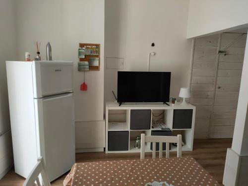 ein Wohnzimmer mit einem Kühlschrank und einem TV in der Unterkunft Maga12 in Barletta