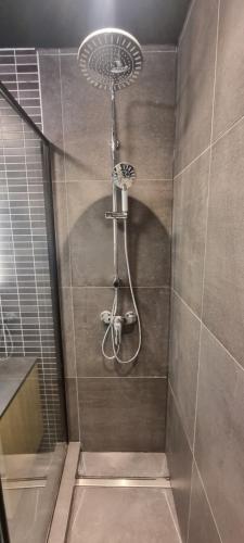 a shower with a shower head in a bathroom at Avalon Hotel in Overijse