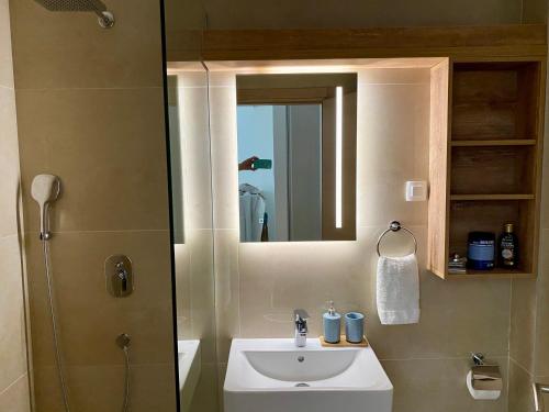 ein Bad mit einem Waschbecken und einer Dusche mit einem Spiegel in der Unterkunft Wave N' Sea Budva in Budva