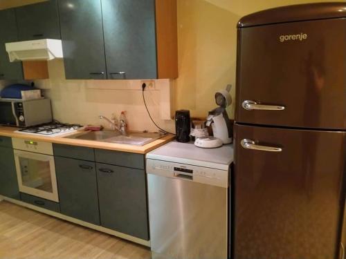 a kitchen with a stainless steel refrigerator and a sink at Ruim nostalgisch gelijkvloers appartement op wandelafstand van de zee in Blankenberge