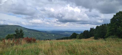 a grassy hill with a view of the mountains at Über den Dächern in Bischofsheim an der Rhön