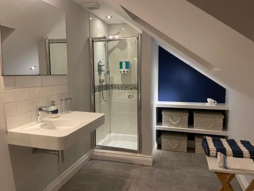Un baño con lavabo y ducha en Rosenn Teyr, en St. Agnes
