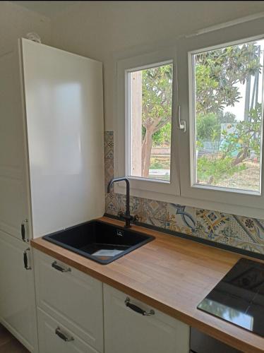 a kitchen with a sink and two windows at Kasamare- Monopoli in Monopoli
