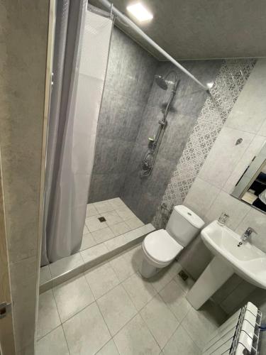 y baño con aseo, ducha y lavamanos. en Albus house, en Gyumri