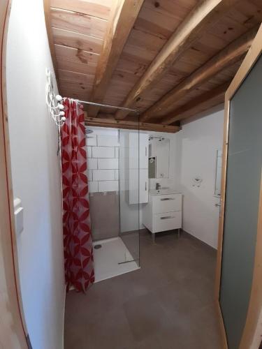 une chambre avec une salle de bain avec un lavabo et un miroir dans l'établissement Gite rural au calme en Cévennes Gardoises, à Saint-Jean-du-Gard