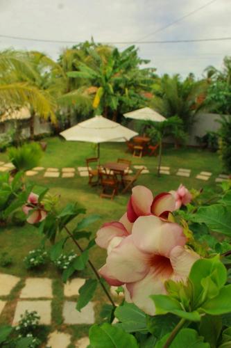 a view of a garden with umbrellas and tables at Pousada Dunas do Icarai in Icaraí
