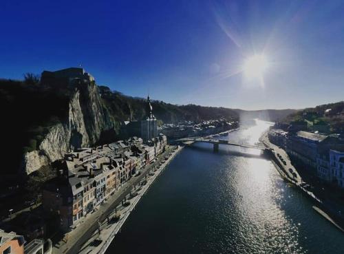 a view of a river with buildings and a bridge at Lesse en Ciel vous accueille avec plaisir . in Houyet