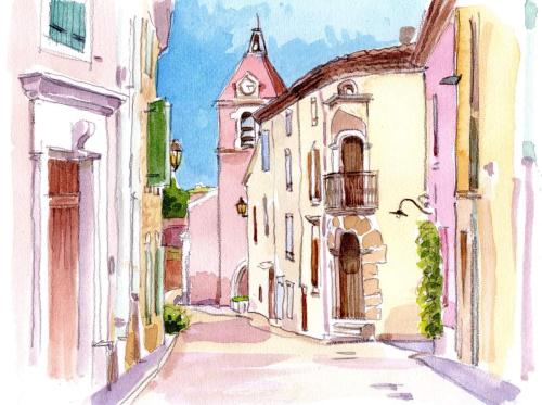 a watercolor painting of a street with a clock tower at Maison de L'Amour Apartment Chardonnay in Assignan