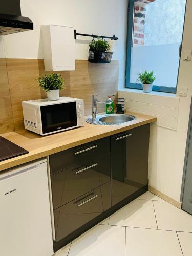 a kitchen with a microwave and a sink at BE MY APPARTS, Studio de charme "LE COSY", DOUAI, Coeur de ville in Douai