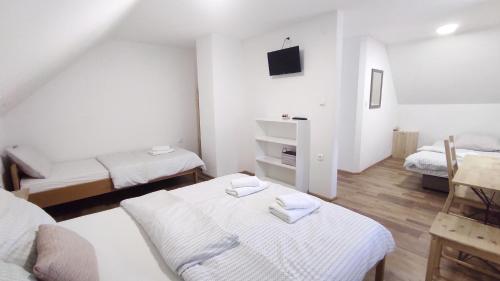 a white room with two beds and a couch at Aria Plitvice in Plitvička Jezera