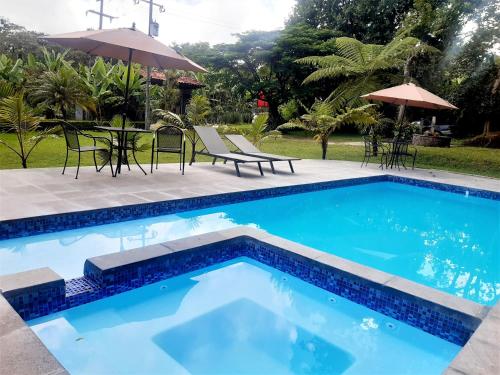 a blue swimming pool with chairs and an umbrella at Posada La Querencia in Xico