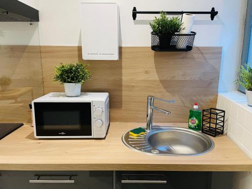 a kitchen counter with a microwave and a sink at BE MY APPARTS, Studio de charme "LE COSY", DOUAI, Coeur de ville in Douai