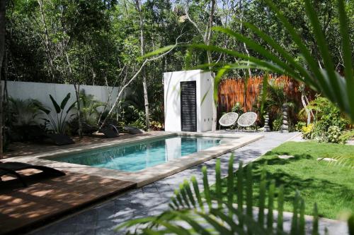 a swimming pool in a garden with two chairs next to it at Lumina at Looltum Tulum in Tulum