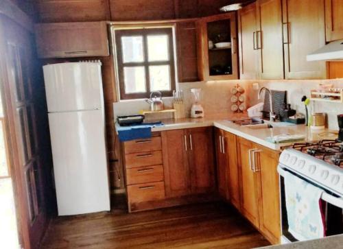 a kitchen with a white refrigerator and wooden cabinets at La Colmena del Arroyazo in Arroyo Frío