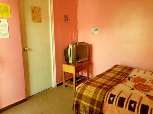 a room with a bed and a small television at La Casa del Manzano in Puno