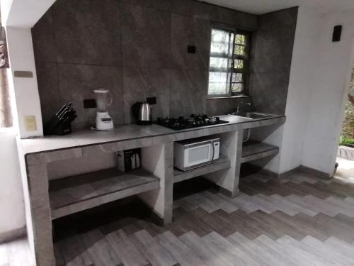a kitchen with a counter with a stove and a sink at Black & White casa privada con alberca in Monterrey