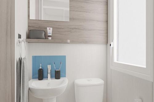a bathroom with a white toilet and a sink at Caravan on Fantastic site in Dunbar