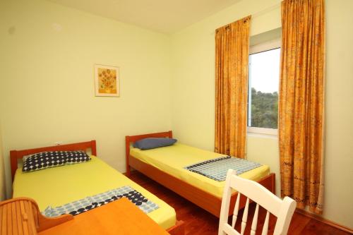 two beds in a room with a window at Apartments with a parking space Rukavac, Vis - 8851 in Rukavac