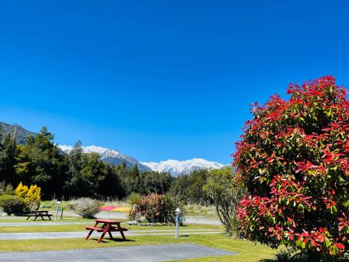 a picnic table in a park with mountains in the background at Franz Josef TOP 10 Holiday Park in Franz Josef