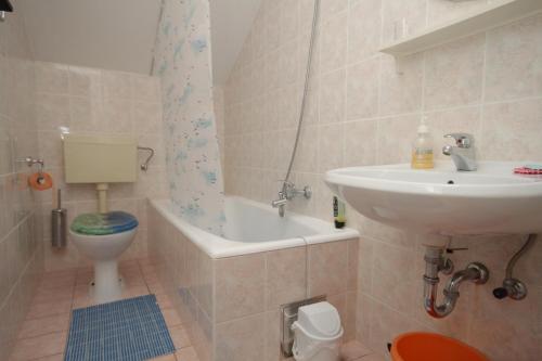 特斯特諾的住宿－Apartments with a parking space Trsteno, Dubrovnik - 8594，浴室配有盥洗盆、卫生间和浴缸。