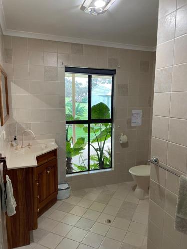a bathroom with a sink and a toilet and a window at Heartland Hideaway in Vivonne Bay