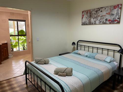 1 dormitorio con 1 cama grande y 2 almohadas en Heartland Hideaway, en Vivonne Bay