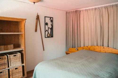 een slaapkamer met een bed en een boekenplank bij Apartment Hainfeld in Hainfeld