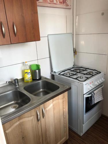 a small kitchen with a stove and a sink at NEST Park Inowrocław in Inowrocław