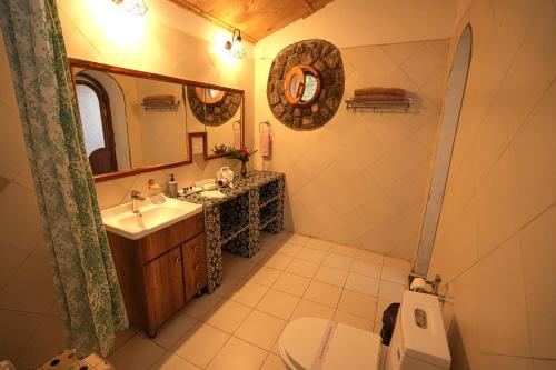a bathroom with a sink and a toilet and a mirror at Chirping Hills Resort,Bhimtal in Bhīm Tāl