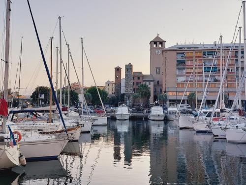 a group of boats docked in a marina with buildings at PIAZZETTA la MADDALENA 2 in Savona
